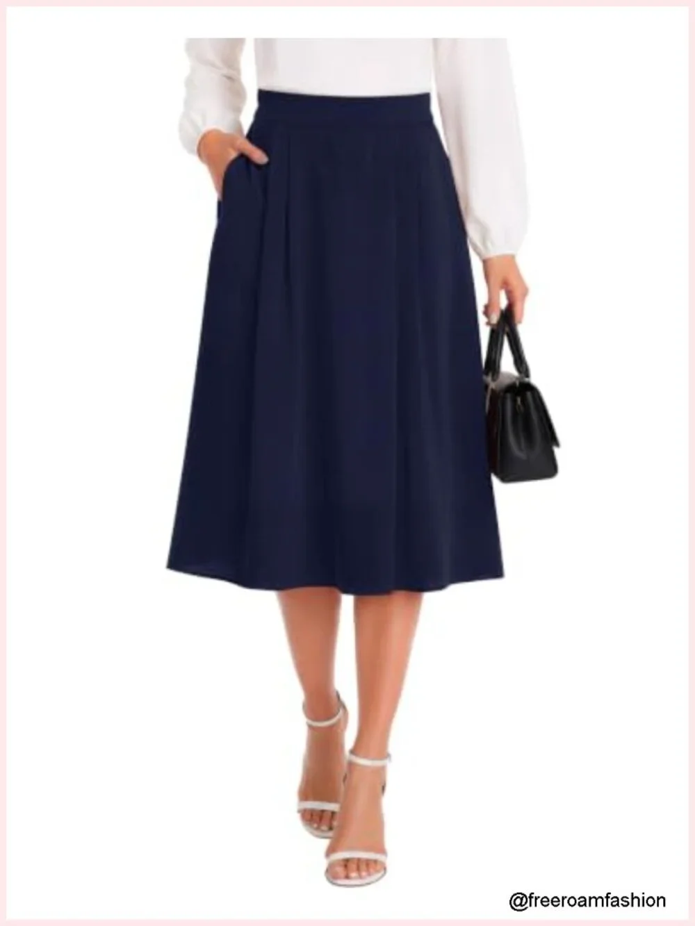 High Waisted Midi Skirt with Pockets Pleated A-Line Flowy Business Casual